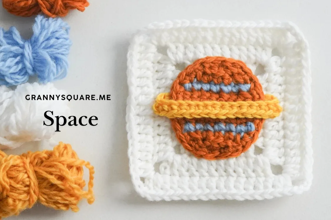 Crochet space granny square with a planet motif