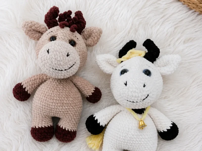 Crochet a soft amigurumi bull with tiny horns