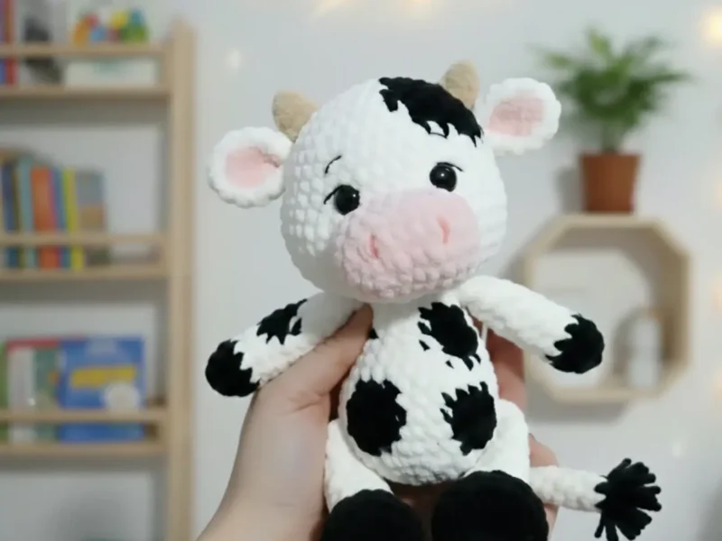 Amigurumi cow plush pattern with spots and horns