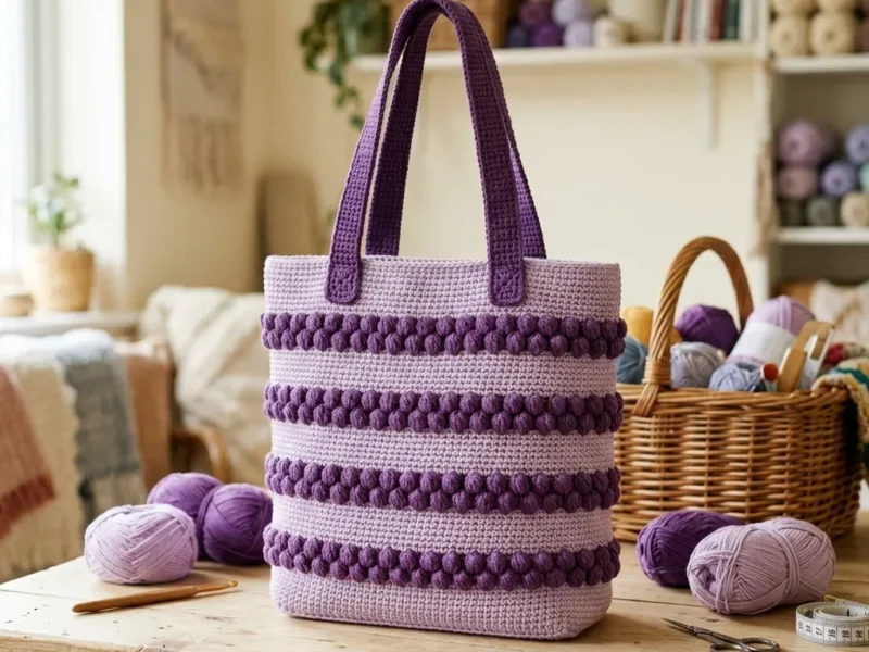 Bobble stripe market tote crochet pattern with woven handles