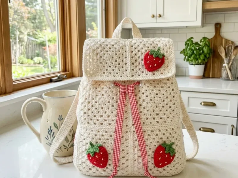 Cream strawberry cottagecore crochet backpack pattern