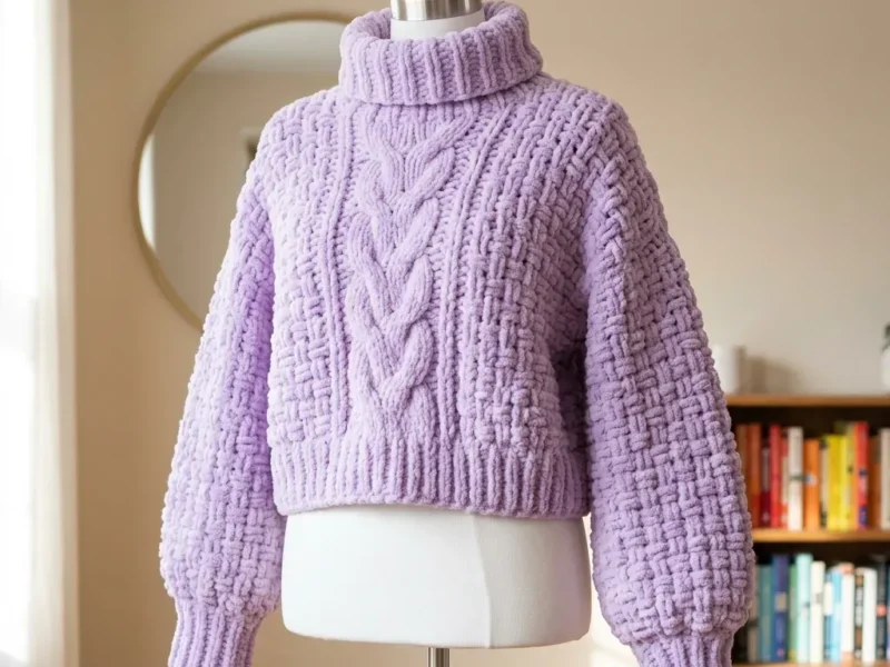 Lavender chunky knit-look sweater with cable panel