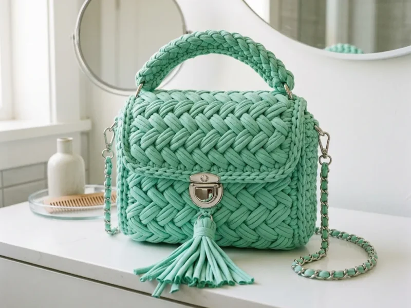 Mint green woven tote bag in chunky t-shirt yarn