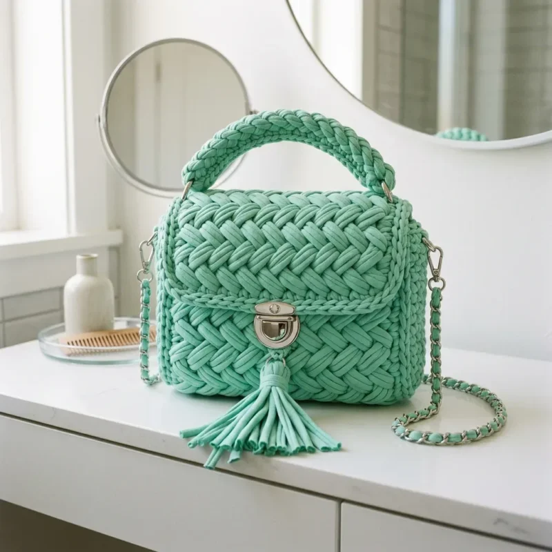 Mint green woven tote bag in chunky t-shirt yarn — photo 2