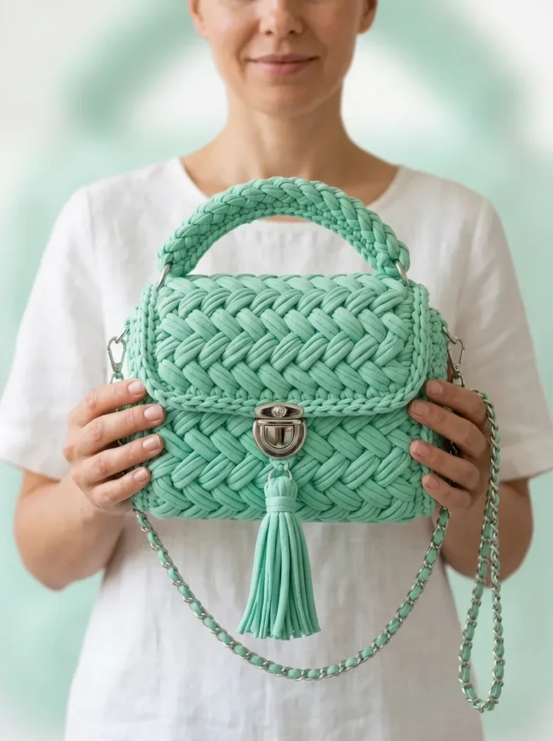 Mint green woven tote bag in chunky t-shirt yarn — photo 3