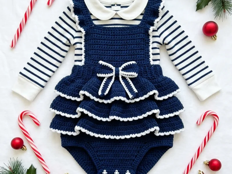 Navy nautical baby romper crochet pattern with ruffle skirt