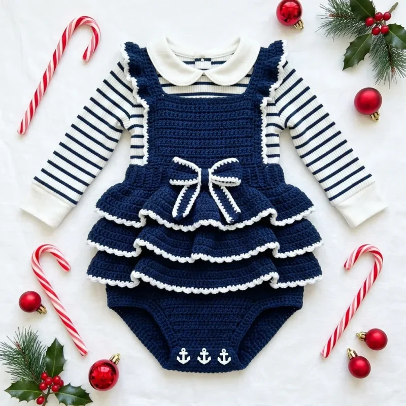 Navy nautical baby romper crochet pattern with ruffle skirt — photo 2