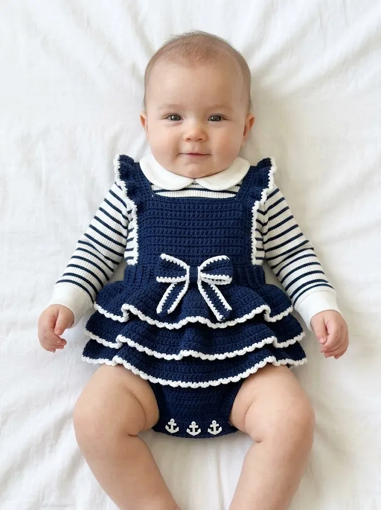 Navy nautical baby romper crochet pattern with ruffle skirt — photo 3