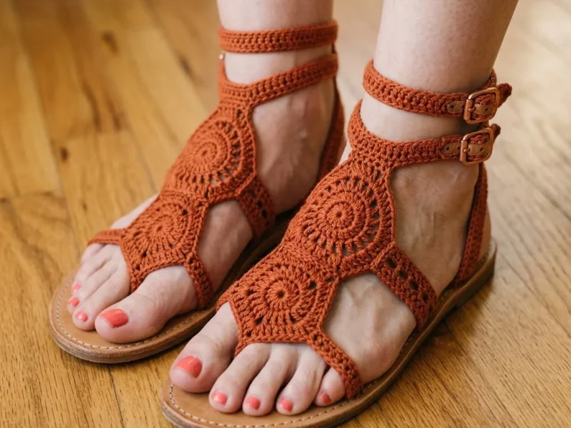 Terracotta crochet gladiator sandals with medallion motifs