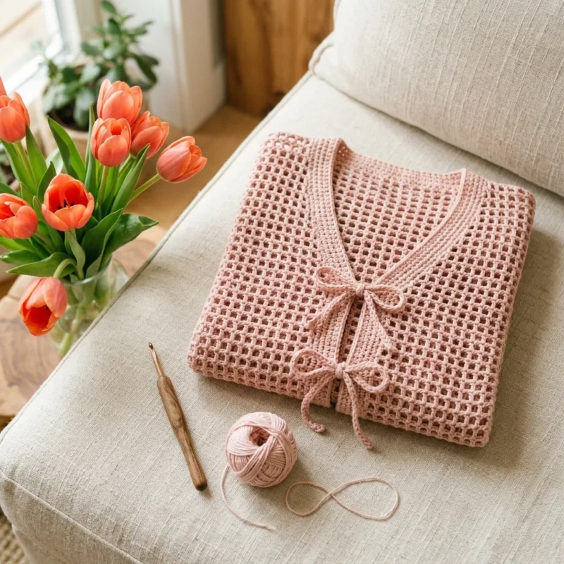 Blush pink bow front cardigan crochet pattern — photo 2
