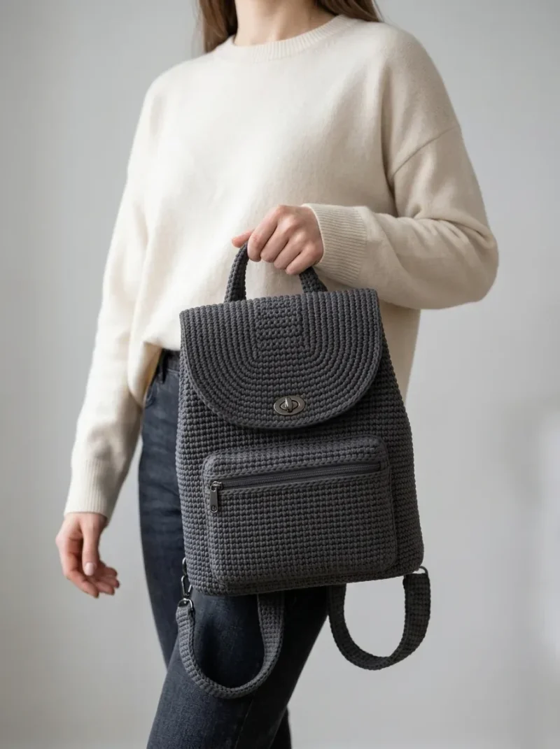 Charcoal gray modern crochet backpack pattern — photo 3