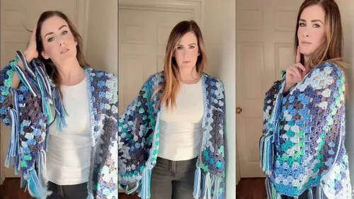 Chunky granny square shawl with tassel trim