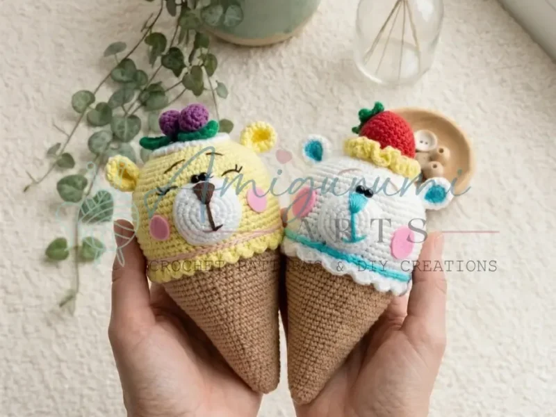 Crochet ice cream bear amigurumi in three flavors