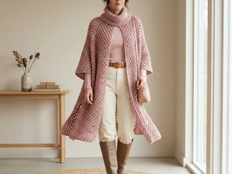 Dusty Rose Openwork Poncho With Draped Shell Panels