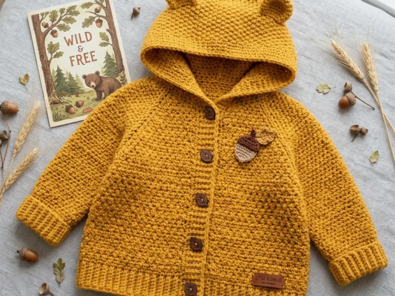 Mustard yellow hooded baby jacket with bear ears