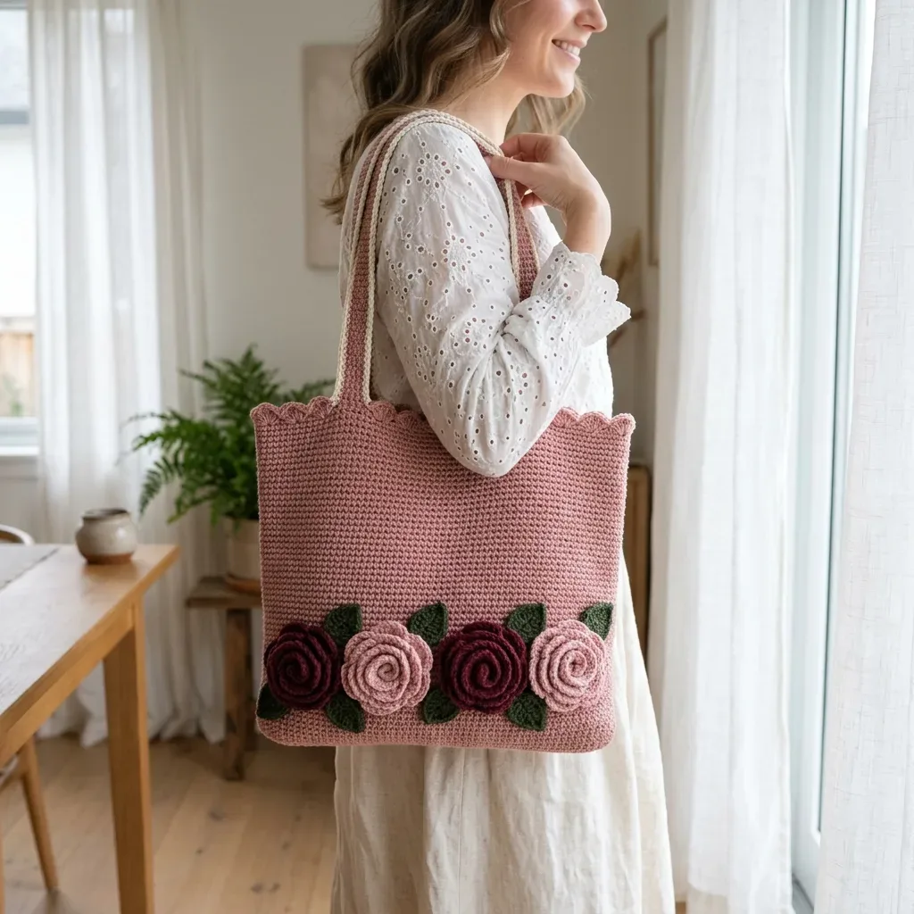 Crochet Thread Edging Patterns Rose applique tote bag crochet pattern for market days – free crochet ...