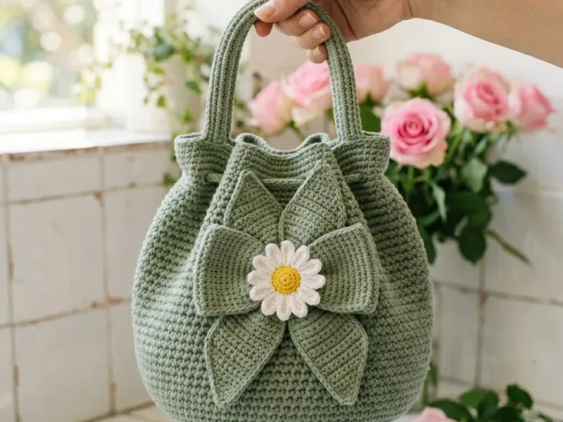 Sage green daisy bow bucket bag crochet pattern