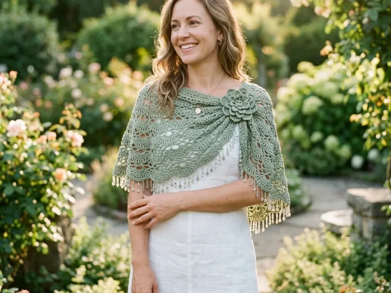 Sage green garden wrap with dimensional rose brooch